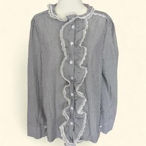 Victorian Inspired Pinstripe Ruffle Lace Blouse Dark Academia Coquette